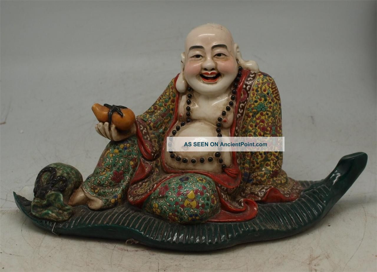 Oriental Pottery Ceramic Chinese Seated Happy Buddha - Signed - 30cm Long Porcelain photo