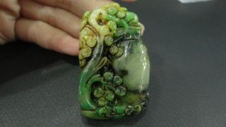 Chinese Big Antique Green&black Jade Pendant/red - Crowned Crane/990 photo