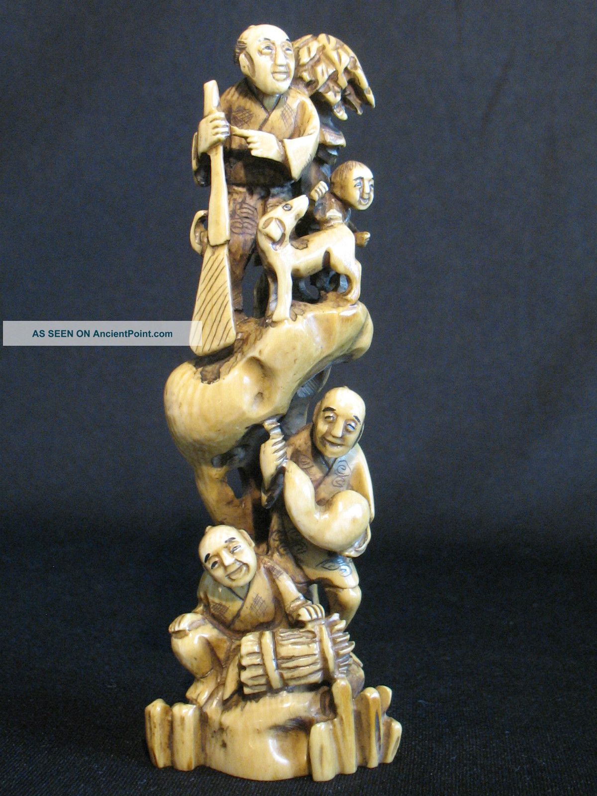 Antique Japanese Ox Bone 象牙 Okimono Carving Figural Group Signed Good Condition Statues photo