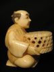 Antique Japanese Inked Ox Bone 象牙 Netsuke Of A Sitting Man W.  A Basket,  Signed Netsuke photo 5