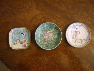 Three Antique Enameled Small Plates All Hand Painted And Marked 