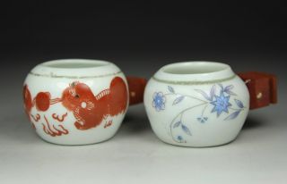 Chinese Old Porcelain Handwork Painting Kirin Flower Pair Bird Feeder Jar Pot photo