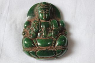 Chinese Antique Old Green Jadeite Pendant /carved A Smile Tibetan Buddha Pendant photo