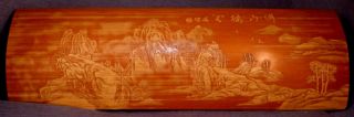 Antique Chinese Signed Wrist Rest Carving In Relief On Bamboo - Vintage Asian photo