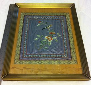 Antique Asian Embroidered Silk Panel Cloth Tapestry Framed photo