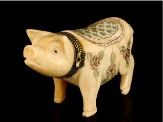 Chinese Carved Statue Ox Bone Snuff Bottle - Pig photo