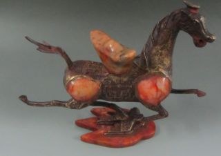 Chinese Bronze Inlaid Jade Horse Riding Chebi photo