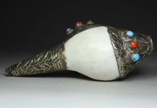 Nepal Tibet Old Silver - Plated/ Conch Handwork Inlay Turquoise/ Coral Bead Horn photo
