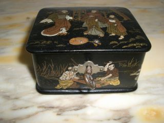 Antique Hand Painted Japanese Black Lacquer Box photo