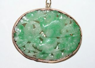 Antique Chinese 14k Gold Carved Rich Apple Green Jadeite Jade Pendant Or Brooch photo