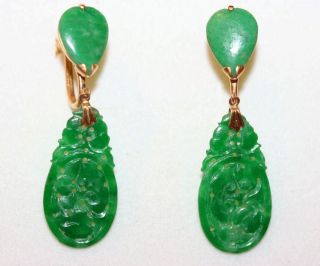 Antique Chinese 22k Gold Emerald Green Jadeite Jade Dangling Screw Back Earrings photo