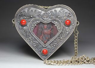 Asian Old Miao Silver Handwork Buddha Coral Beads Heart Shape Box Pendant photo