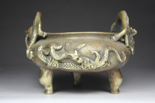 Chinese Old Brass Wonderful Handwork Hammered Dragon Incense Burner photo