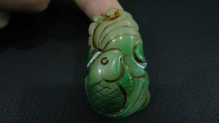 Prefect Chinese Antique Green Jade Pendant/beautiful Fish On A Lotus Leaf/// photo