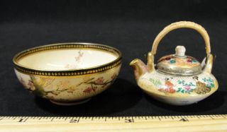 Antique Miniature Japanese Satsuma Teapot & Signed Satsuma Bowl Nr photo