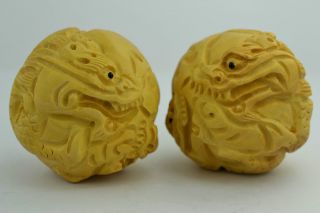 China Collectibles Old Handwork Boxwood Carving Dragon Pair Statue Netsuke photo