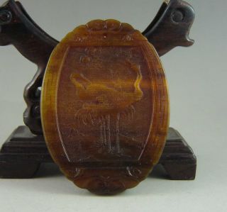 Excellent Chinese 100% Ox Horn Hand Carved Crane And Man Pendant photo