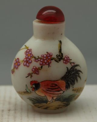 Chinese White Glass Scent Bottle - Hand Painted Chickens - Signed photo