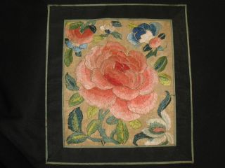 Antique Chinese Silk Embroidered Panel Flowers Embroidery Satin Stitch photo