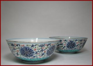 Rare Large Pair 19c Guangxu Mark & Period Chinese Doucai Bowls,  8 