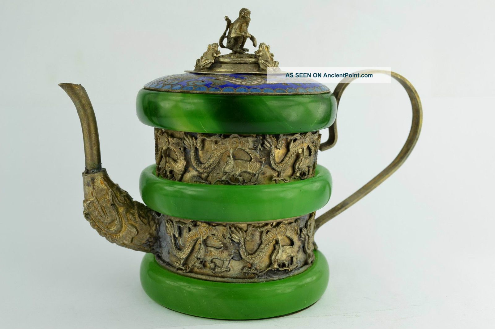 - China Collectibles Old Handwork Jade Cloisonne Dragon Tea Pot + Jade/ Hardstone photo