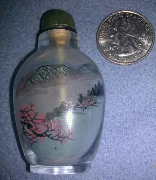 Inside Painted Glass Antique Snuff Bottle W/ River Landscape Jade Lid photo