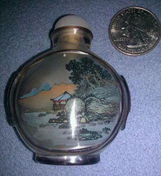 Inside Painted Purple Glass Antique Snuff Bottle W/ River Landscape photo