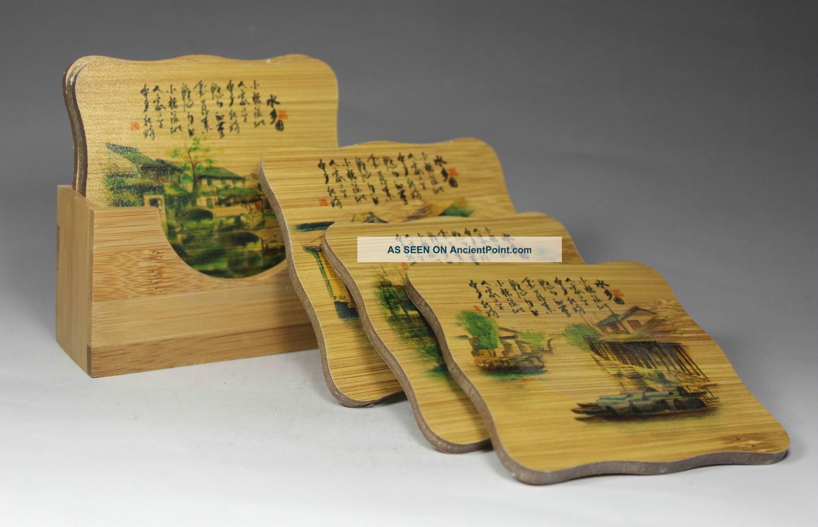 Chinese Old Bamboo Handwork Painting Landscape Cup Mat Decoration Other photo