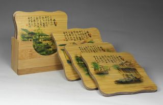 Chinese Old Bamboo Handwork Painting Landscape Cup Mat Decoration photo