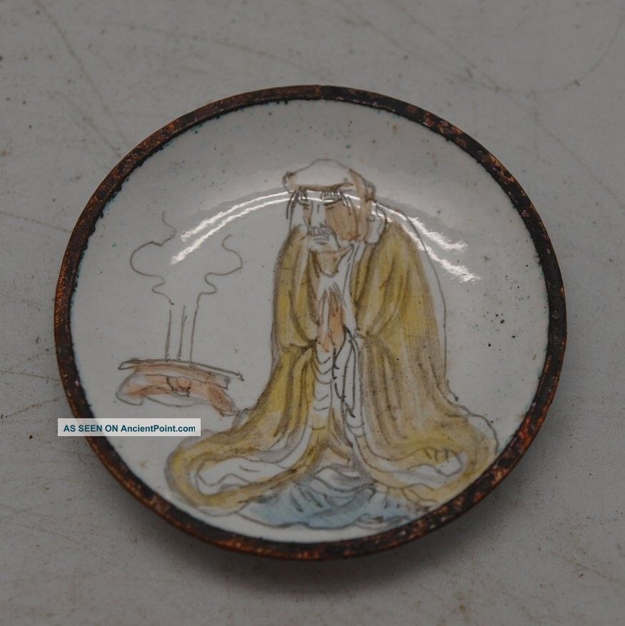 Chinese Miniature Copper Plate - Hand Painted & Enamelled - Seated Buddha / Monk Plates photo