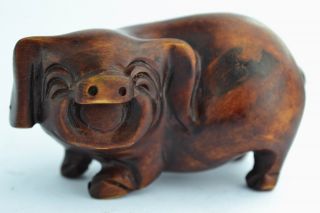 China Collectibles Old Decorated Wonderful Handwork Boxwood Carving Pig Statue photo