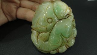 Chinese Big Antique Jade Pendant / Perfect Green Jade Pendant/ Lotus Root&fish photo