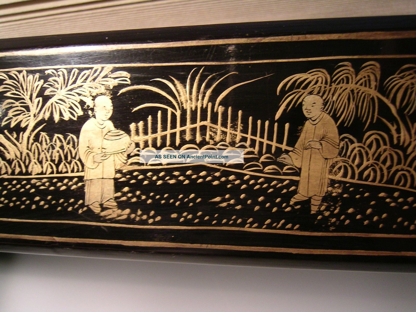 Antique Chinese Black & Gold Lacquer Fan Box - Ornate Scenes & Detail - C.  1800s Boxes photo