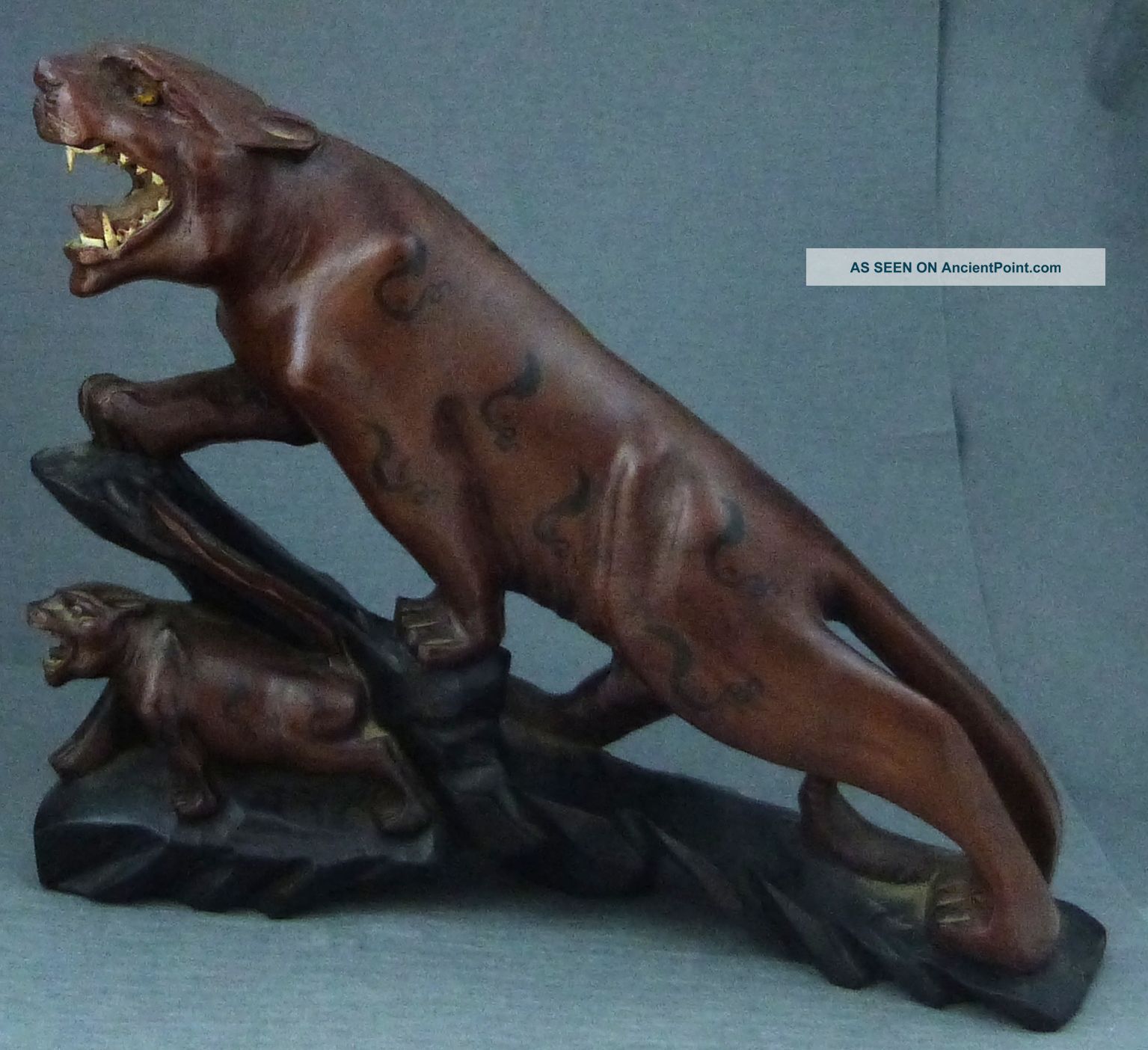 Antique Chinese Rosewood Carving / Sculpture Of Tigers - - Unusual Piece Tigers photo