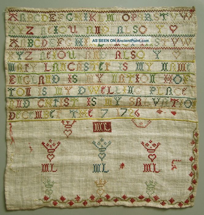 1726 Silk On Linen Very Sweet Little English Sampler Mary Lancaster,  December 7 Samplers photo
