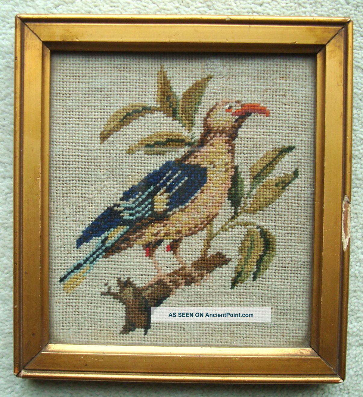 Antique Framed Miniature Woolwork Embroidery Sampler Of A Bird C1880 Samplers photo