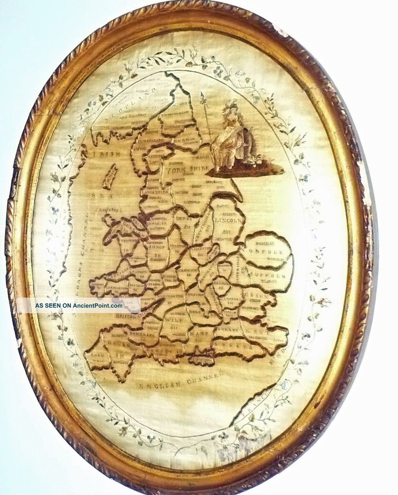 Reduced Antique Large Embroidered Needlework Sampler Map England Frame Samplers photo