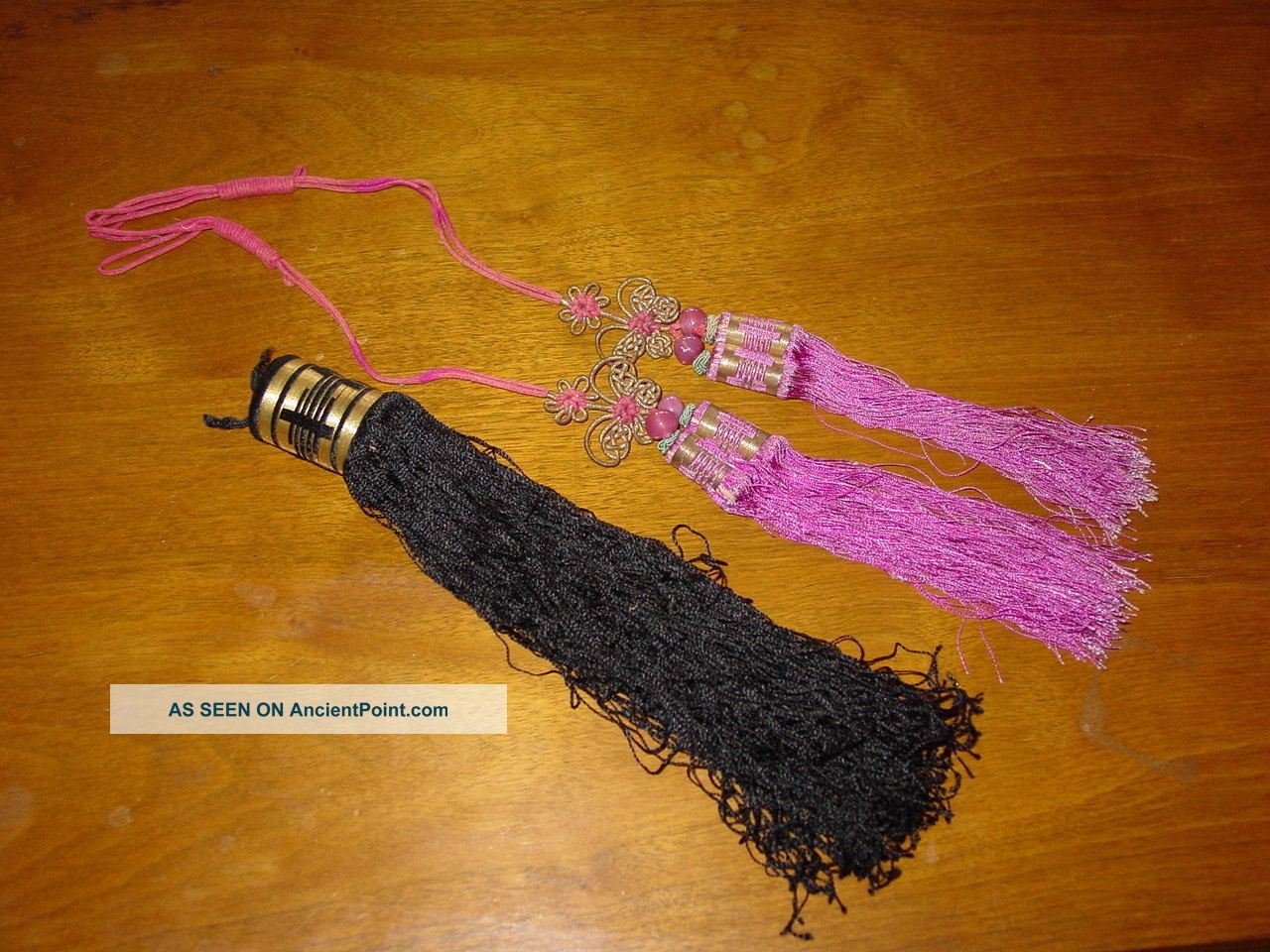 3 Antique Chinese Silk Tassels (2) With Pink Peking Glass Beads And Butterflies Other photo