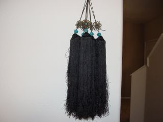 5 Large Antique Chinese Silk Tassels With Turquoise Peking Glass Beads photo