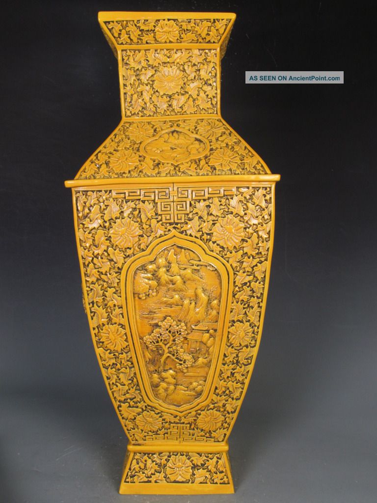 Fine Chinese Rare Purely Royal Yellow Porcelain Carved Landscape Vase Vases photo