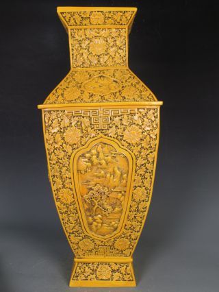 Fine Chinese Rare Purely Royal Yellow Porcelain Carved Landscape Vase photo