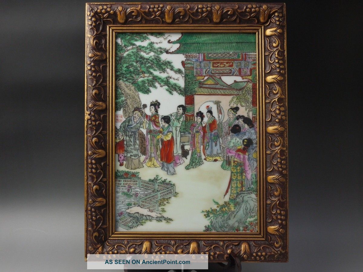 Chinese Porcelain Tile Famille Rose Plaque Beauty Figure Shunzhi Mark Wood Frame Other photo