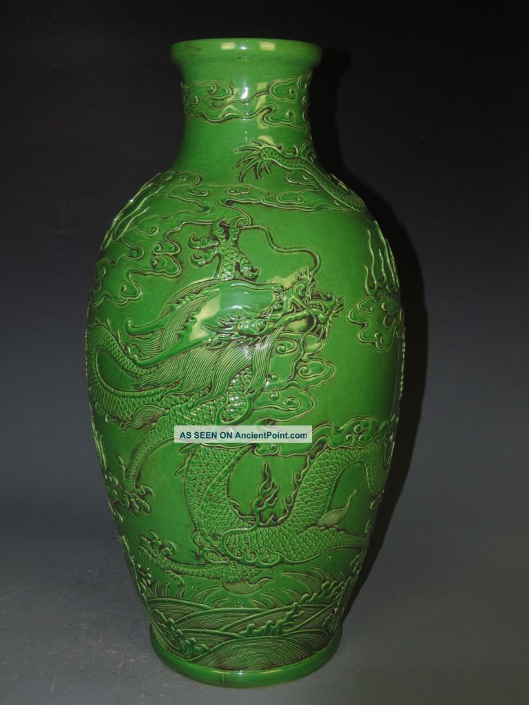 Fine Chinese Huge Rare Purely Green Porcelain Carved Dragon Vase Vases photo