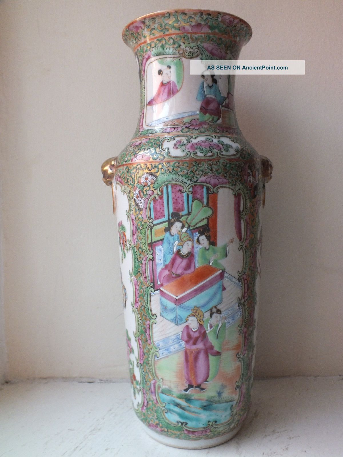 19th C Chinese Porcelain Famille Rose / Canton Lion Mask Handled Vase - 1 Vases photo