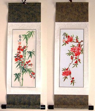 2 Japanese Painting Scroll Bamboo Flower W127 photo