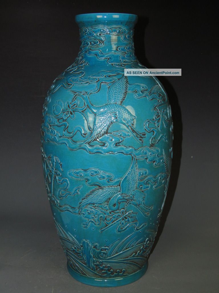 Fine Chinese Huge Purely Light Blue Porcelain Carved Crane Vase Vases photo