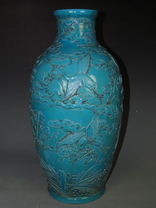 Fine Chinese Huge Purely Light Blue Porcelain Carved Crane Vase photo