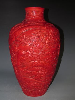 Fine Chinese Rare Purely Traditional Red Porcelain Carved Dragon Vase photo