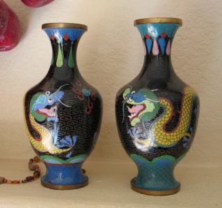 Antique Chinese Cloisonne Vases,  Set Of 2.  Dragon With Five Toes photo