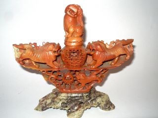 A Large Stone Chinese Sculpture Incense Piece Foo Dogs Carved Intricate photo